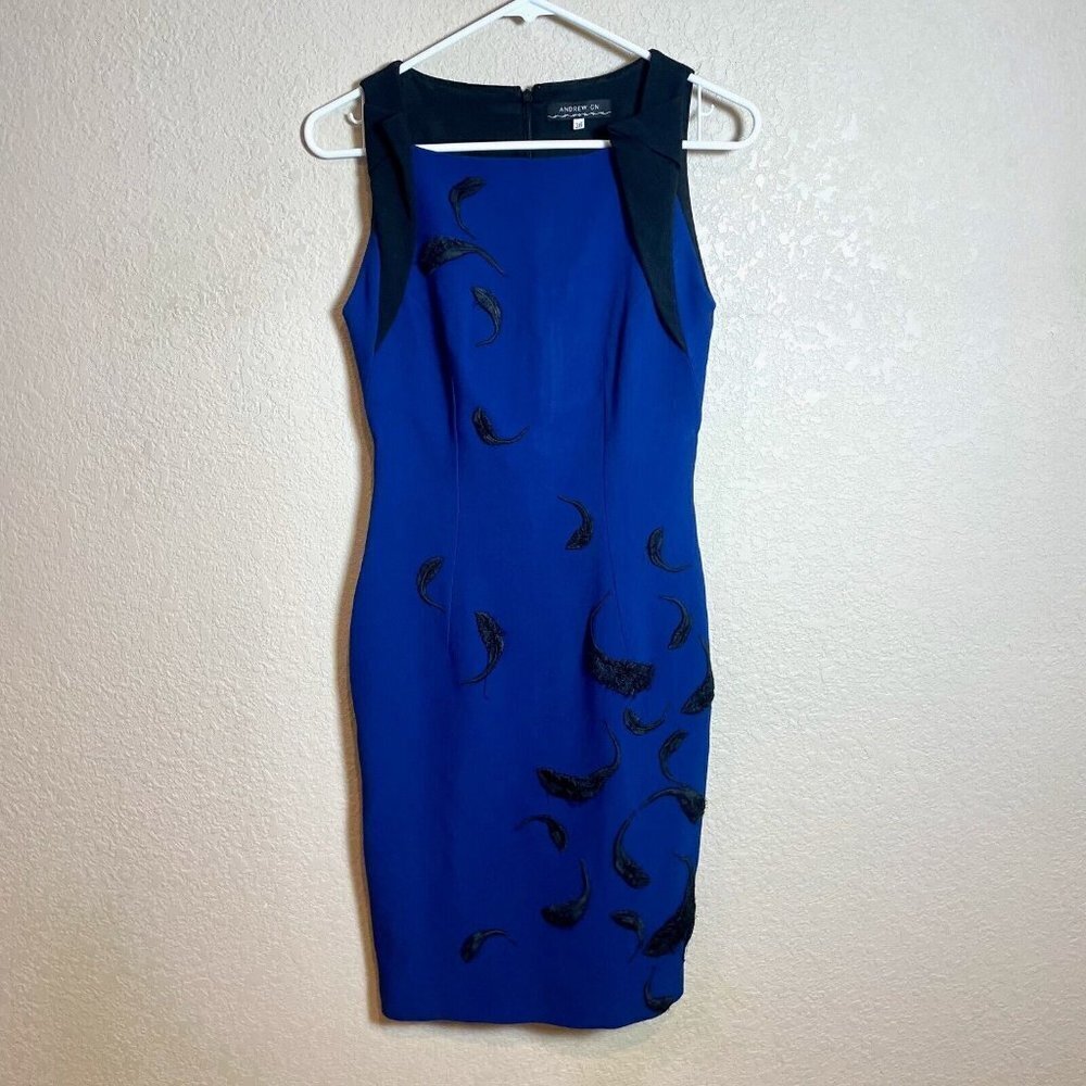 Andrew Gn Bodycon Dress Women Sz 36‎ US 2-4 Blue Sleeveless Embroidered Cocktail